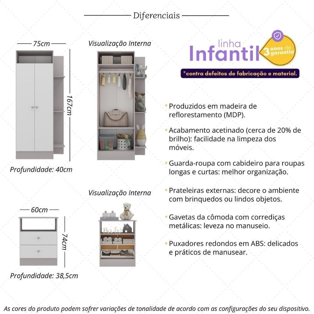 Guarda-roupas 2 Portas Com Cômoda 2 Gavetas Multimóveis Mp4264 - Cinza-branco Cinza-branco - 2