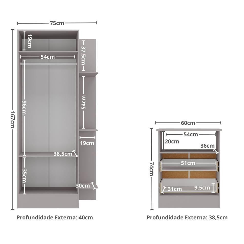 Guarda-roupas 2 Portas Com Cômoda 2 Gavetas Multimóveis Mp4264 - Cinza-branco Cinza-branco - 6