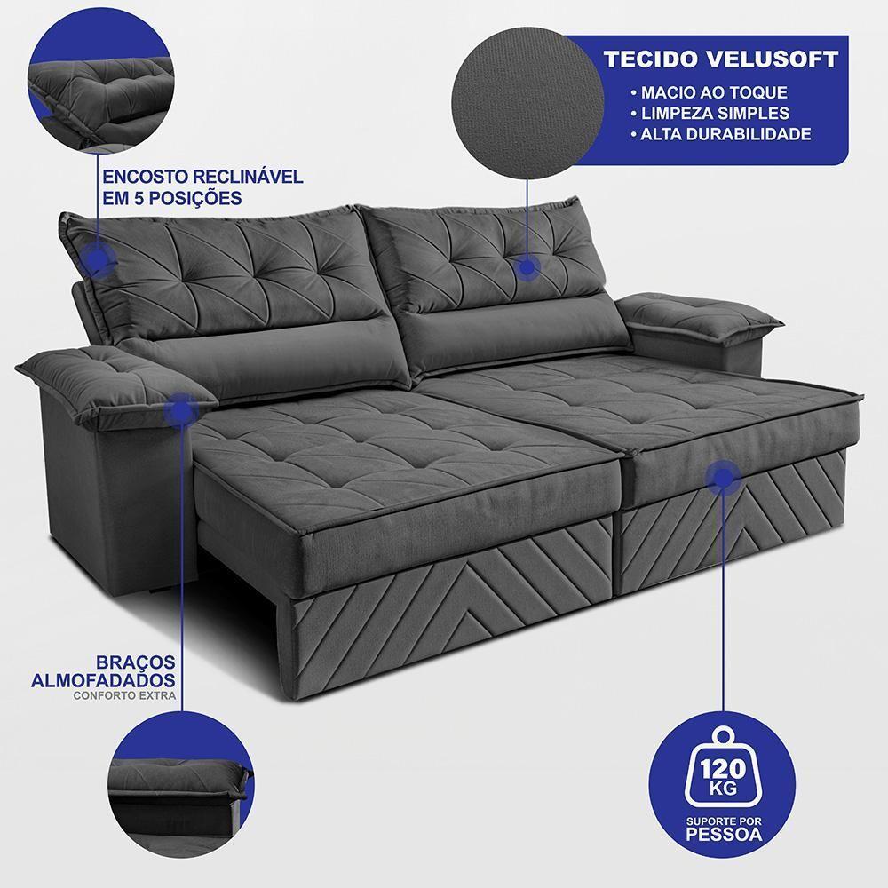 Sofá Retrátil E Reclinável 2,10m Com Molas E Espuma D33 Thunder. Velusoft Cama Inbox Cinza - 2