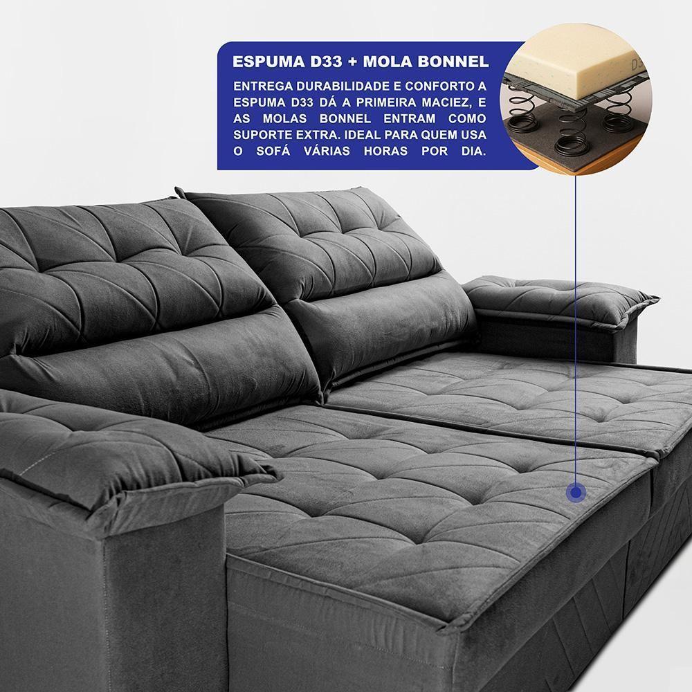 Sofá Retrátil E Reclinável 2,10m Com Molas E Espuma D33 Thunder. Velusoft Cama Inbox Cinza - 4