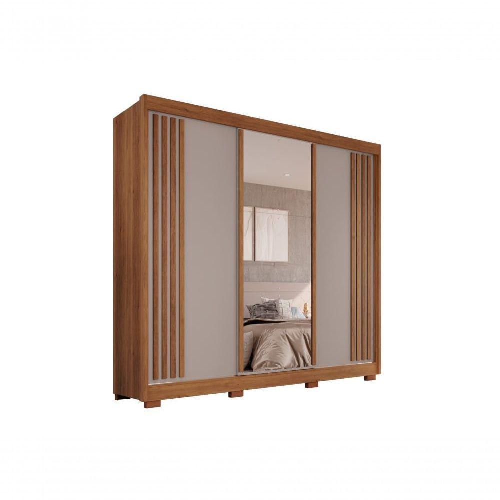 Guarda-roupa Casal Com Espelho 3 Portas 4 Gavetas Atenas Com Pés 100% Mdf Salleto Cinamomo/off White - 1