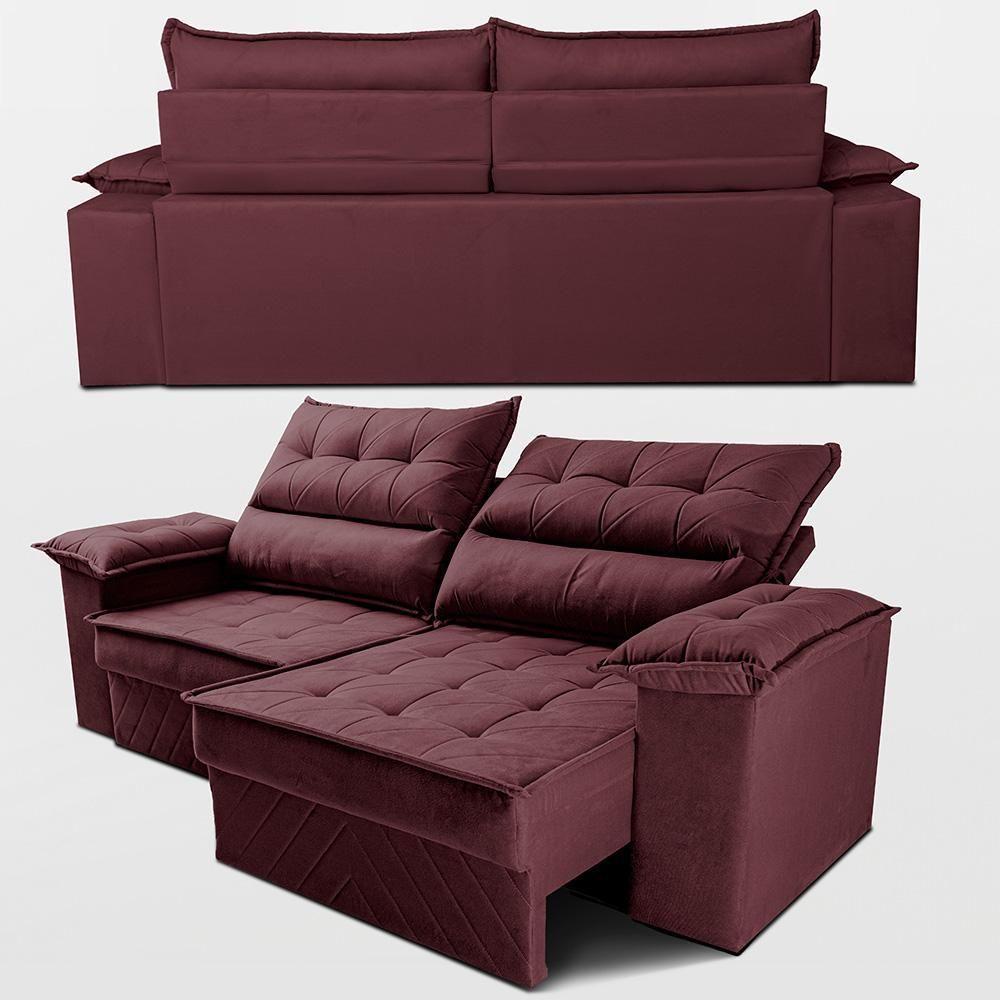 Sofá Retrátil E Reclinável 2,10m Com Molas E Espuma D33 Thunder. Velusoft Cama Inbox Vinho - 7