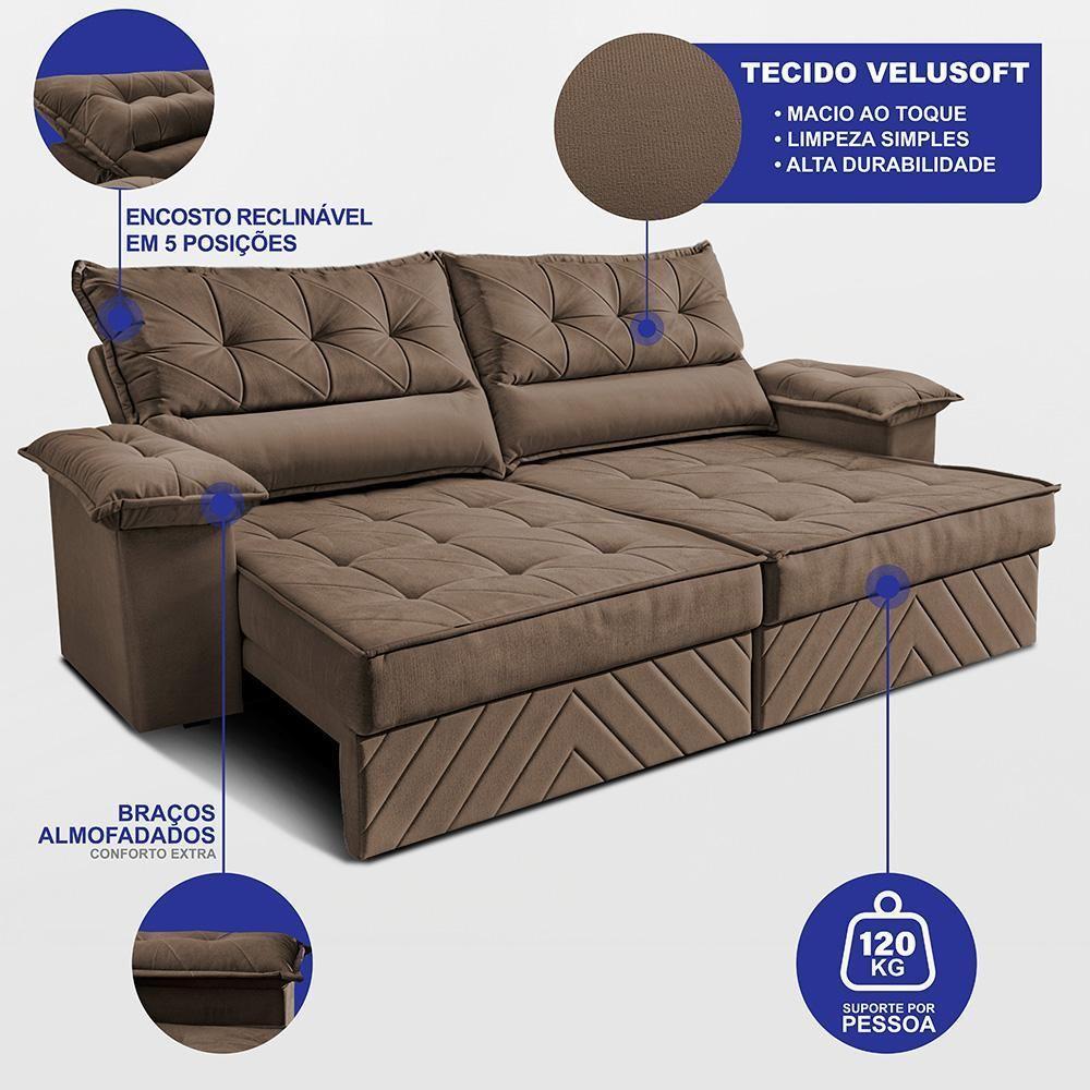Sofá Retrátil E Reclinável 2,10m Com Molas E Espuma D33 Thunder. Velusoft Cama Inbox Castor - 2