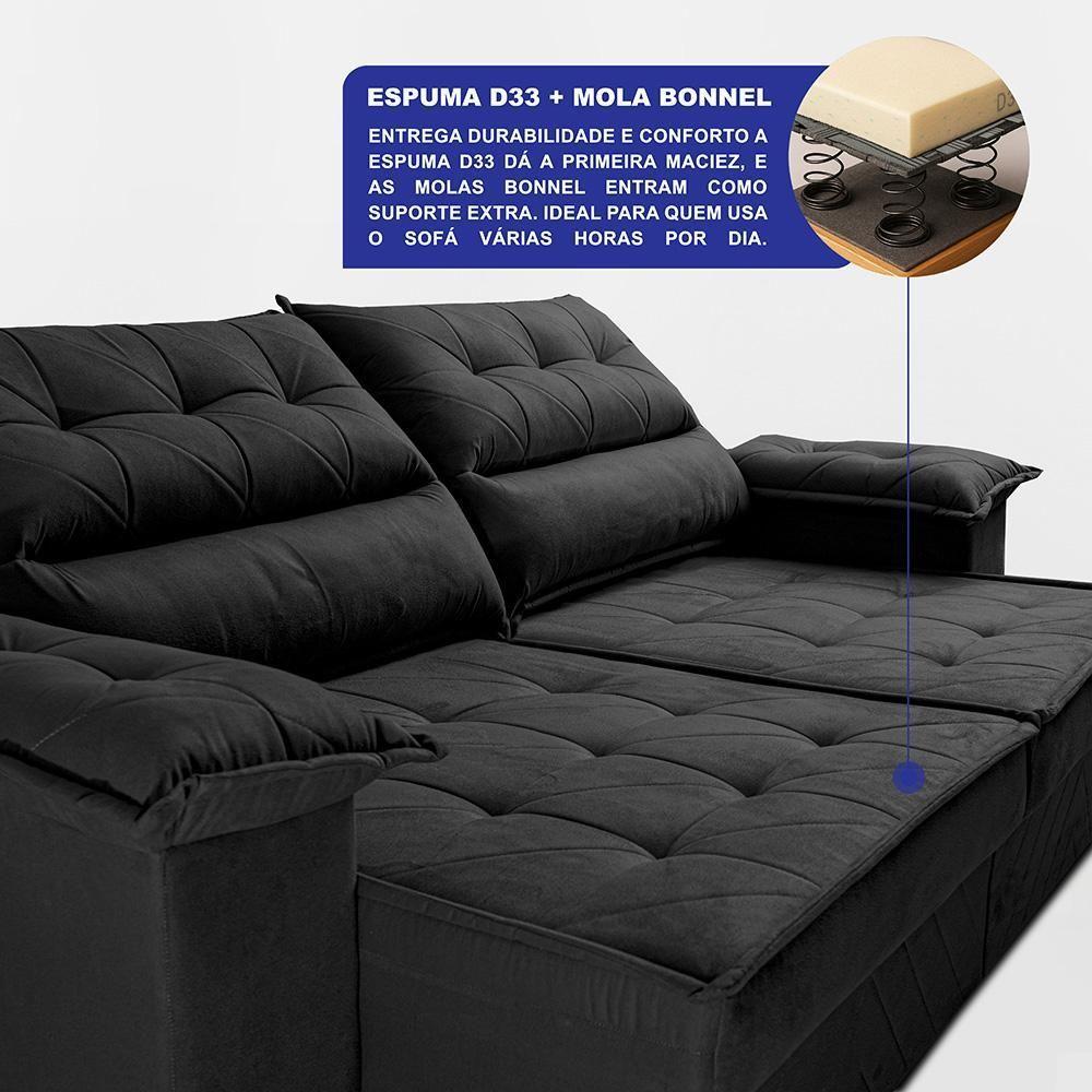 Sofá Retrátil E Reclinável 2,10m Com Molas E Espuma D33 Thunder. Velusoft Cama Inbox Preto - 4