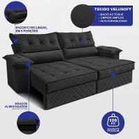 Sofá Retrátil E Reclinável 2,10m Com Molas E Espuma D33 Thunder. Velusoft Cama Inbox Preto - 2