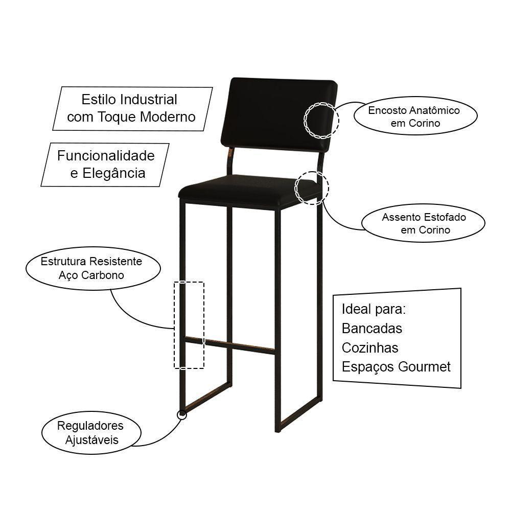 Kit 3 Banquetas Com Encosto Industrial E Moderna Nina Preto E Corino Preto - 3