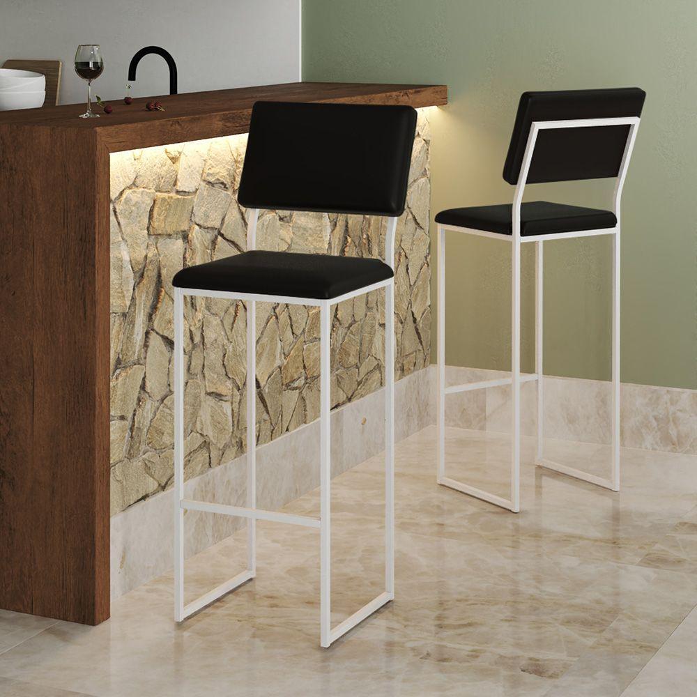 Kit 3 Banquetas Com Encosto Industrial E Moderna Nina Branco E Corino Preto - 2