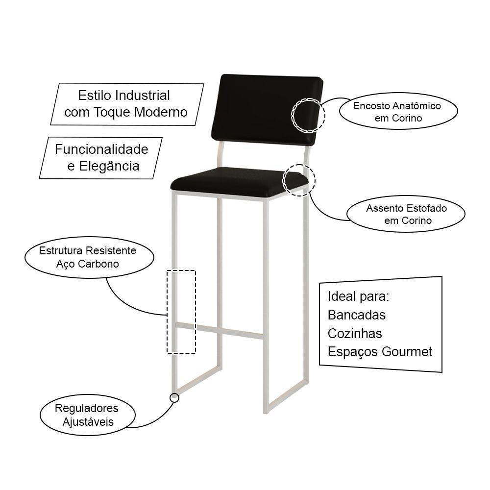 Kit 3 Banquetas Com Encosto Industrial E Moderna Nina Branco E Corino Preto - 3