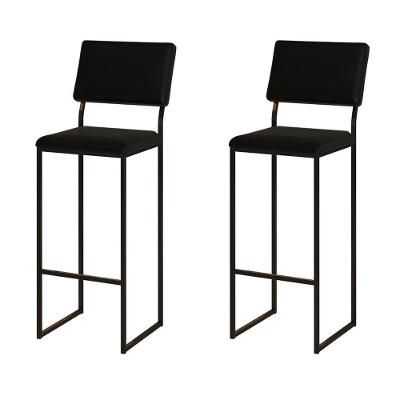 Kit 2 Banquetas Com Encosto Industrial E Moderna Nina Preto E Corino Preto