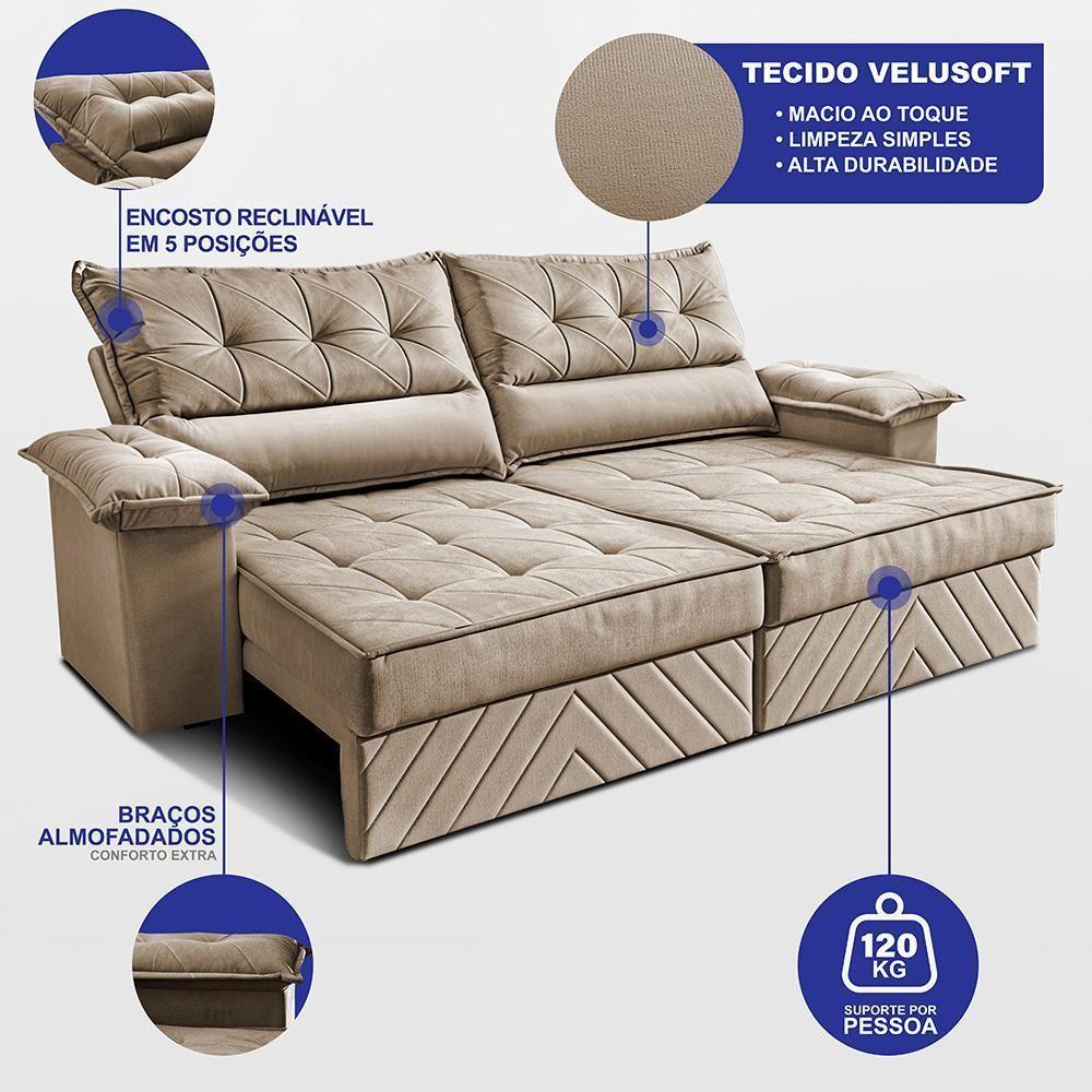Sofá Retrátil E Reclinável 2,40m Com Molas E Espuma D33 Thunder. Velusoft Cama Inbox Bege - 2