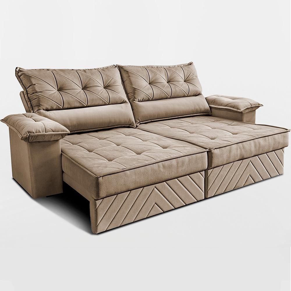 Sofá Retrátil E Reclinável 2,40m Com Molas E Espuma D33 Thunder. Velusoft Cama Inbox Bege - 8
