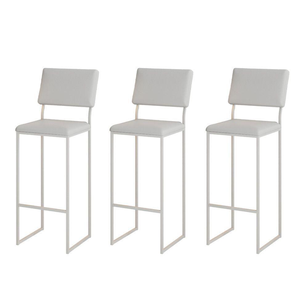 Kit 3 Banquetas Com Encosto Industrial E Moderna Nina Branco E Corino Branco - 1