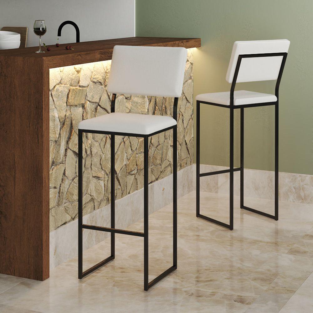 Kit 4 Banquetas Com Encosto Industrial E Moderna Nina Preto E Corino Branco - 2