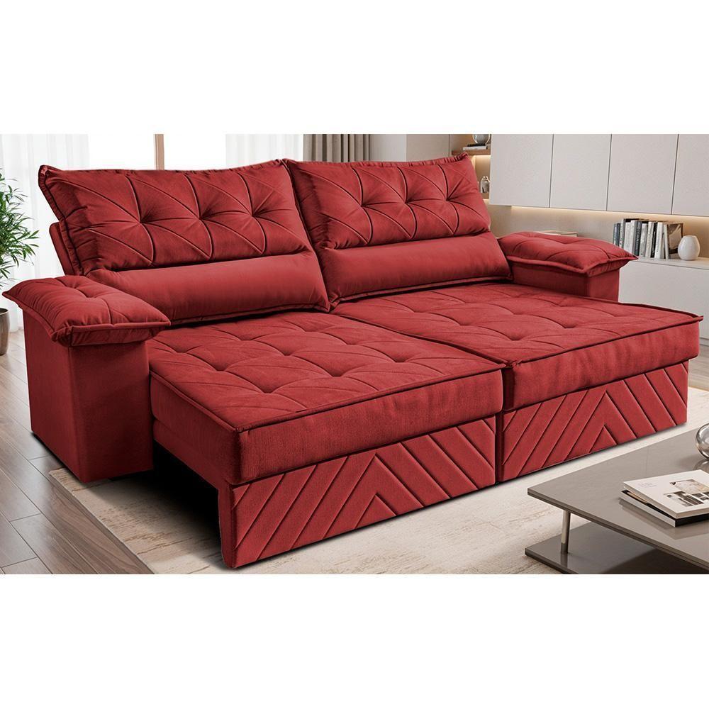 Sofá Retrátil E Reclinável 2,10m Com Molas E Espuma D33 Thunder. Velusoft Cama Inbox Vermelho - 1