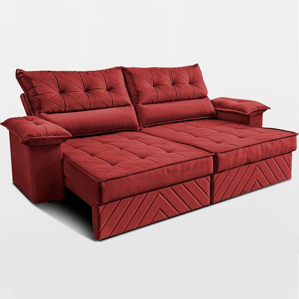 Sofá Retrátil E Reclinável 2,10m Com Molas E Espuma D33 Thunder. Velusoft Cama Inbox Vermelho - 2