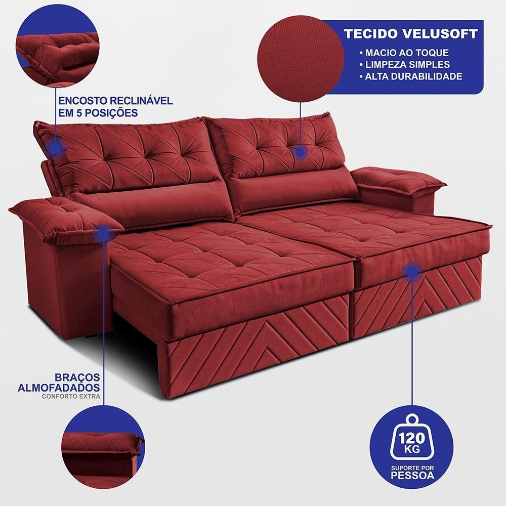 Sofá Retrátil E Reclinável 2,10m Com Molas E Espuma D33 Thunder. Velusoft Cama Inbox Vermelho - 3