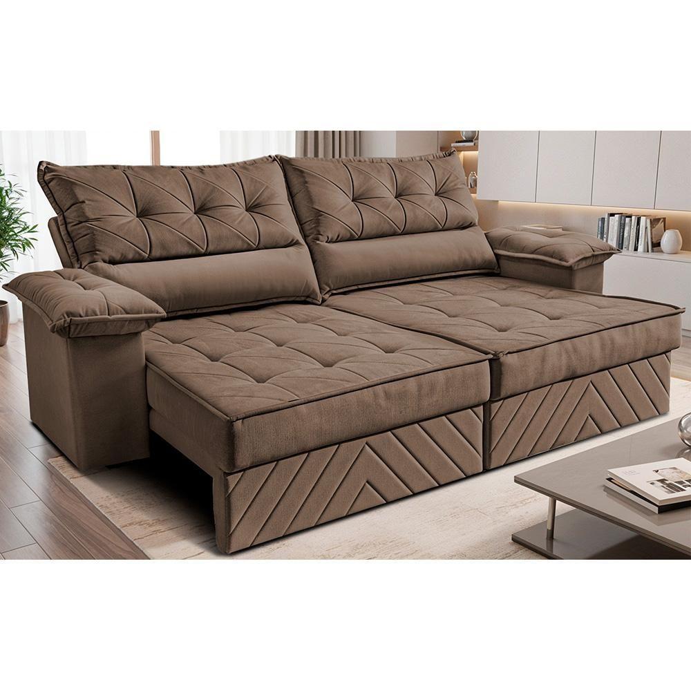 Sofá Retrátil E Reclinável 2,40m Com Molas E Espuma D33 Thunder. Velusoft Cama Inbox Castor - 1