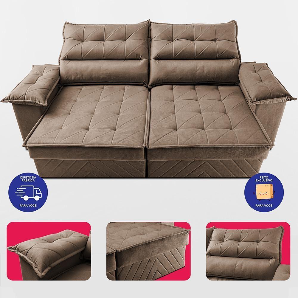 Sofá Retrátil E Reclinável 2,40m Com Molas E Espuma D33 Thunder. Velusoft Cama Inbox Castor - 4