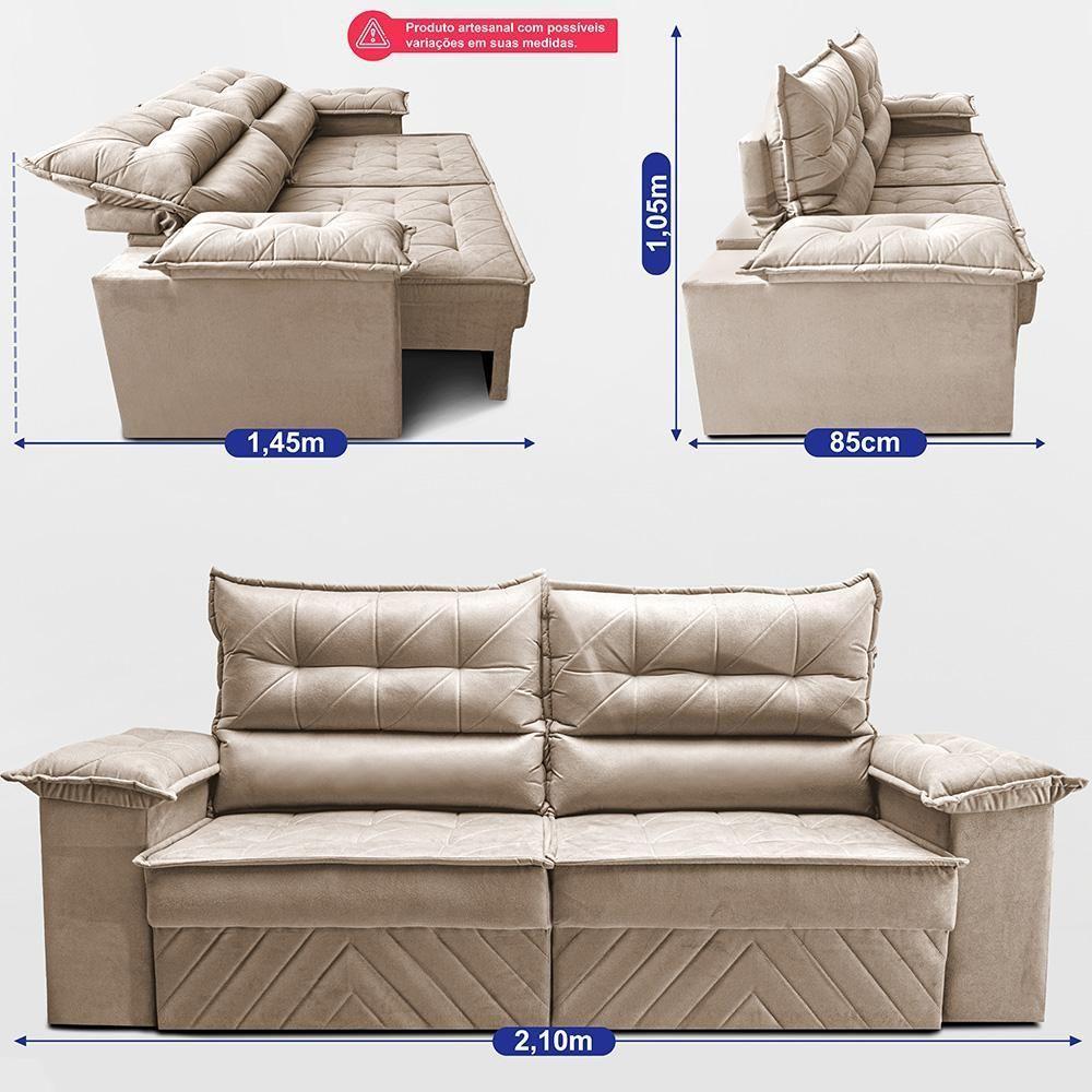 Sofá Retrátil E Reclinável 2,10m Com Molas E Espuma D33 Thunder. Velusoft Cama Inbox Bege - 3