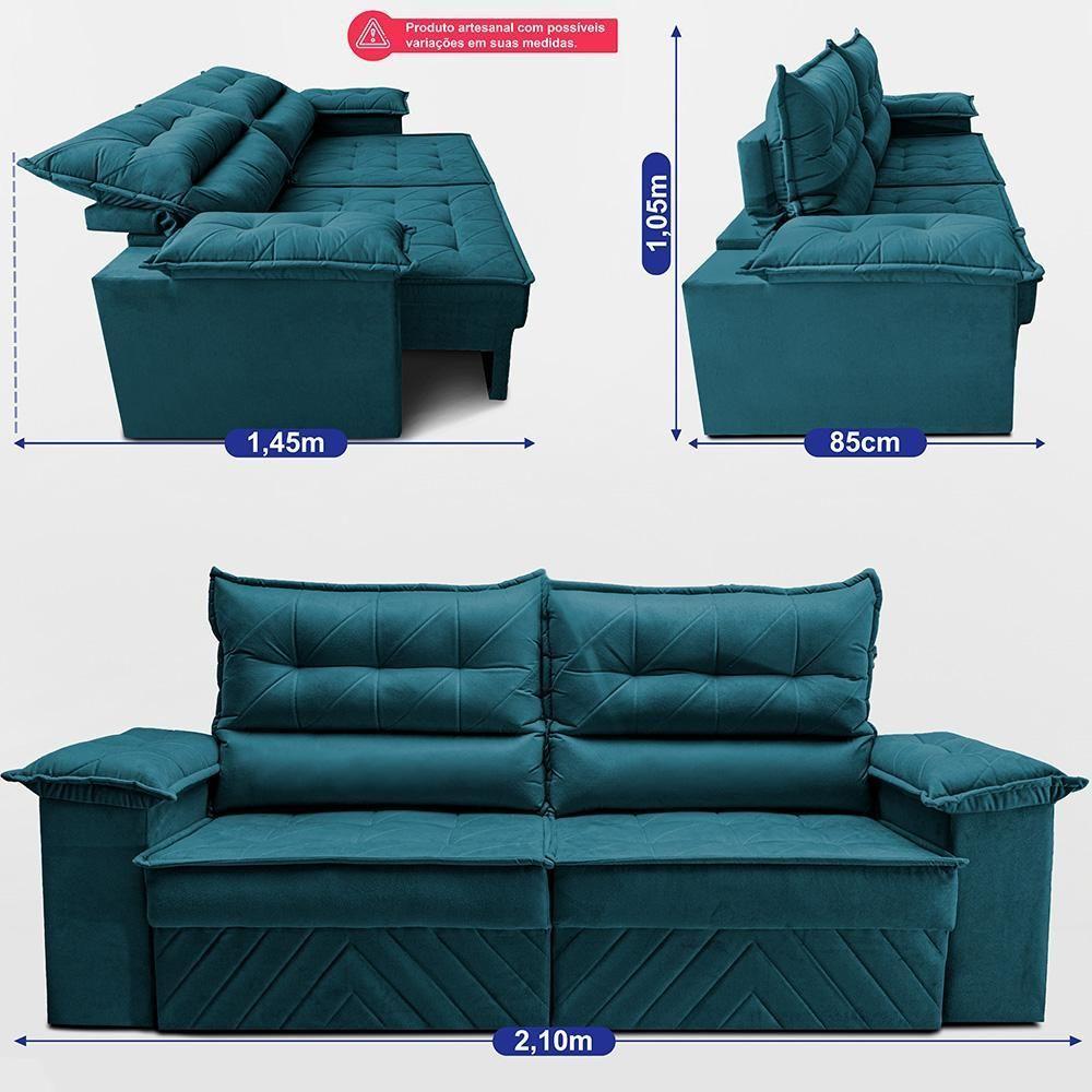 Sofá Retrátil E Reclinável 2,10m Com Molas E Espuma D33 Thunder. Velusoft Cama Inbox Petróleo - 3