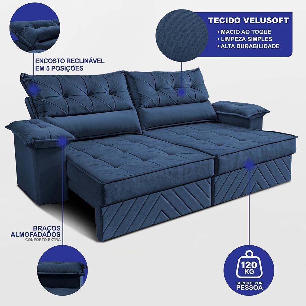 Sofá Retrátil E Reclinável 2,10m Com Molas E Espuma D33 Thunder. Velusoft Cama Inbox Azul - 2