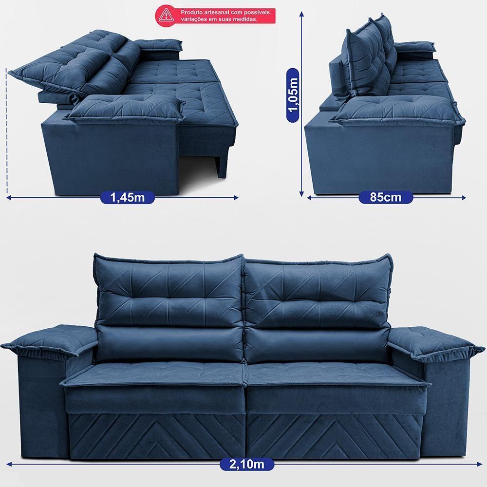 Sofá Retrátil E Reclinável 2,10m Com Molas E Espuma D33 Thunder. Velusoft Cama Inbox Azul - 3