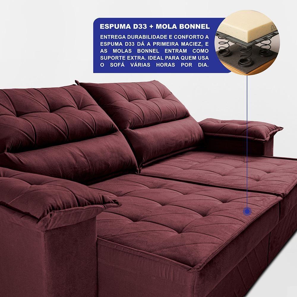 Sofá Retrátil E Reclinável 2,40m Com Molas E Espuma D33 Thunder. Velusoft Cama Inbox Vinho - 4