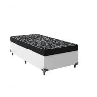 Cama Box Solteiro 88 Tecido Sintético Branco Com Colchão Espuma D20 - Tampo Preto 12cm - 1