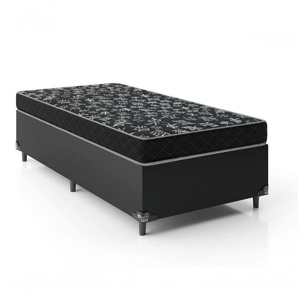 Cama Box Solteiro 88 Tecido Sintético Preto Com Colchão Espuma D20 - Tampo Preto 12cm - 1