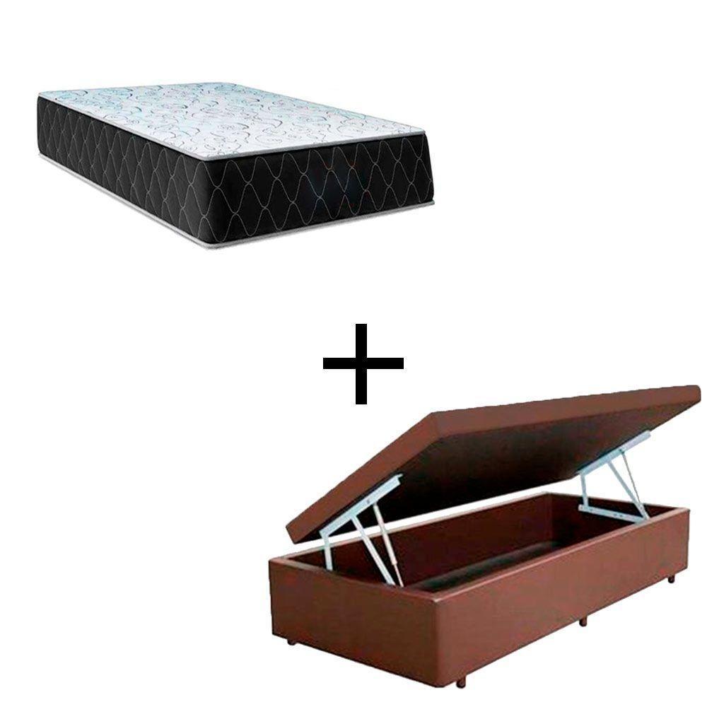 Cama Box Baú Solteiro 88 Tecido Sintético Marrom Com Colchão Marrocos - Poliéster - Espuma D33 30cm - 1