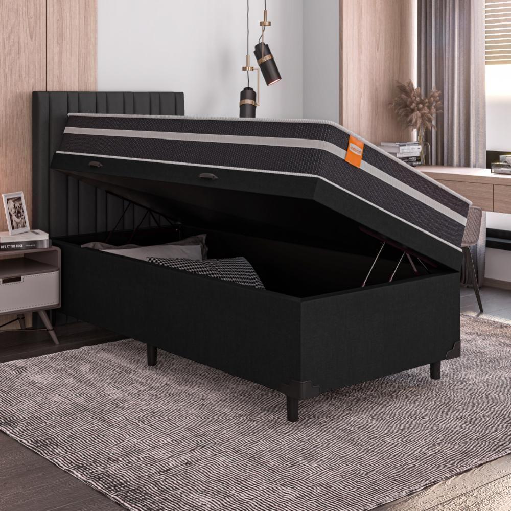 Cama Box Solteiro Baú Colchão Molas Qatar 88x188x63cm Branco / Preto - Suporta Até 150kg Preto - 5