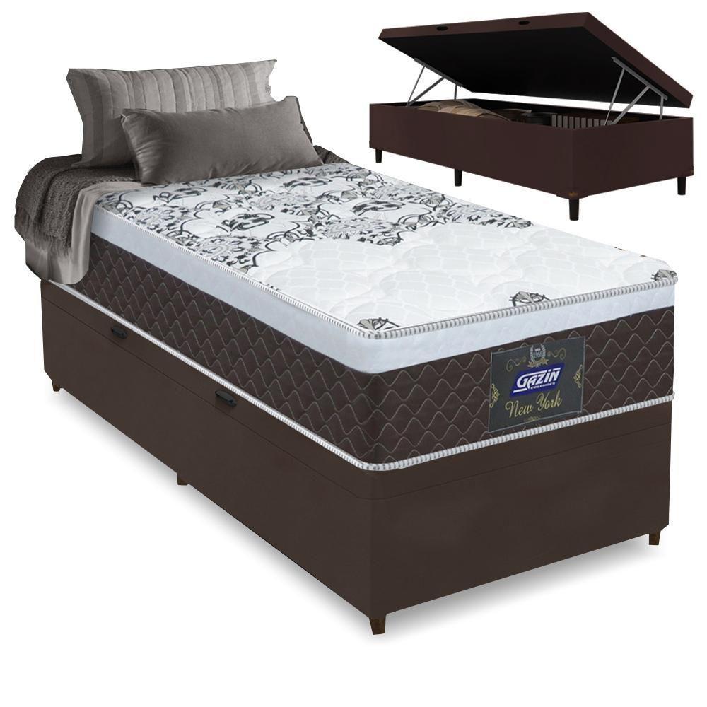 Cama Box Solteiro Baú Colchão Molas Ensacadas com Euro IN New York Marrom-Branco 88x188x67cm - 1