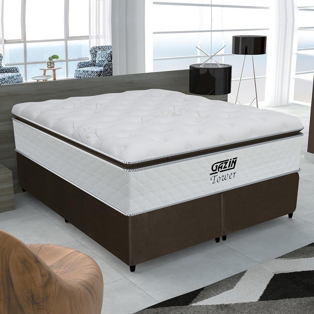 Cama Box Queen Colchão De Molas Ensacadas Tower Gazin 158x198x72cm Branco / Marrom Branco / Marrom - 10