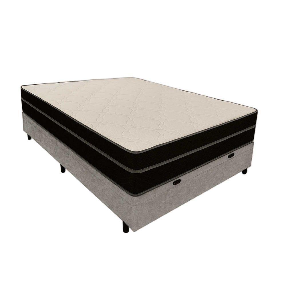 Cama Box Baú Casal 138 Suede Cinza Com Colchão Paris Molas Ensacadas Preto 56x138x188 - 1