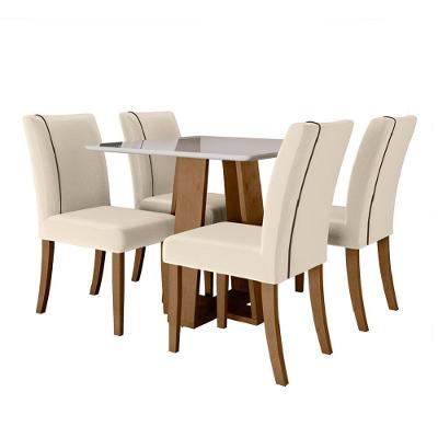 Conjunto de Mesa Atenas com 4 Lugares Tampo MDP com Cadeiras Velusoft Off White 90 cm