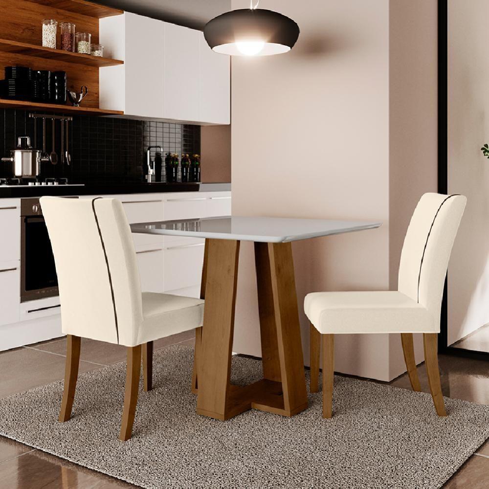 Conjunto de Mesa Sala de Jantar Atenas com 2 Cadeiras Carvalho-Off White-Bege 0,90m Quadrada Dobuê - 1