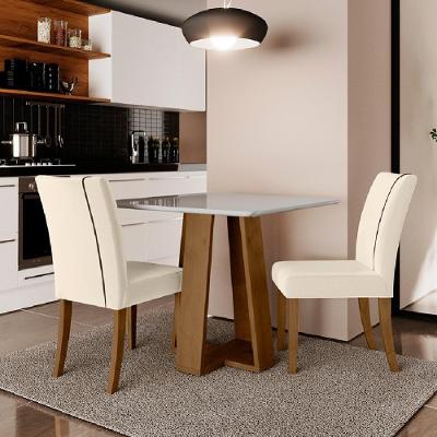 Conjunto de Mesa Sala de Jantar Atenas com 2 Cadeiras Carvalho-Off White-Bege 0,90m Quadrada Dobuê