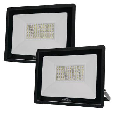Kit 2 Refletor De Led Slim 100w Prova Dágua Preto Bivolt 3000k Quente