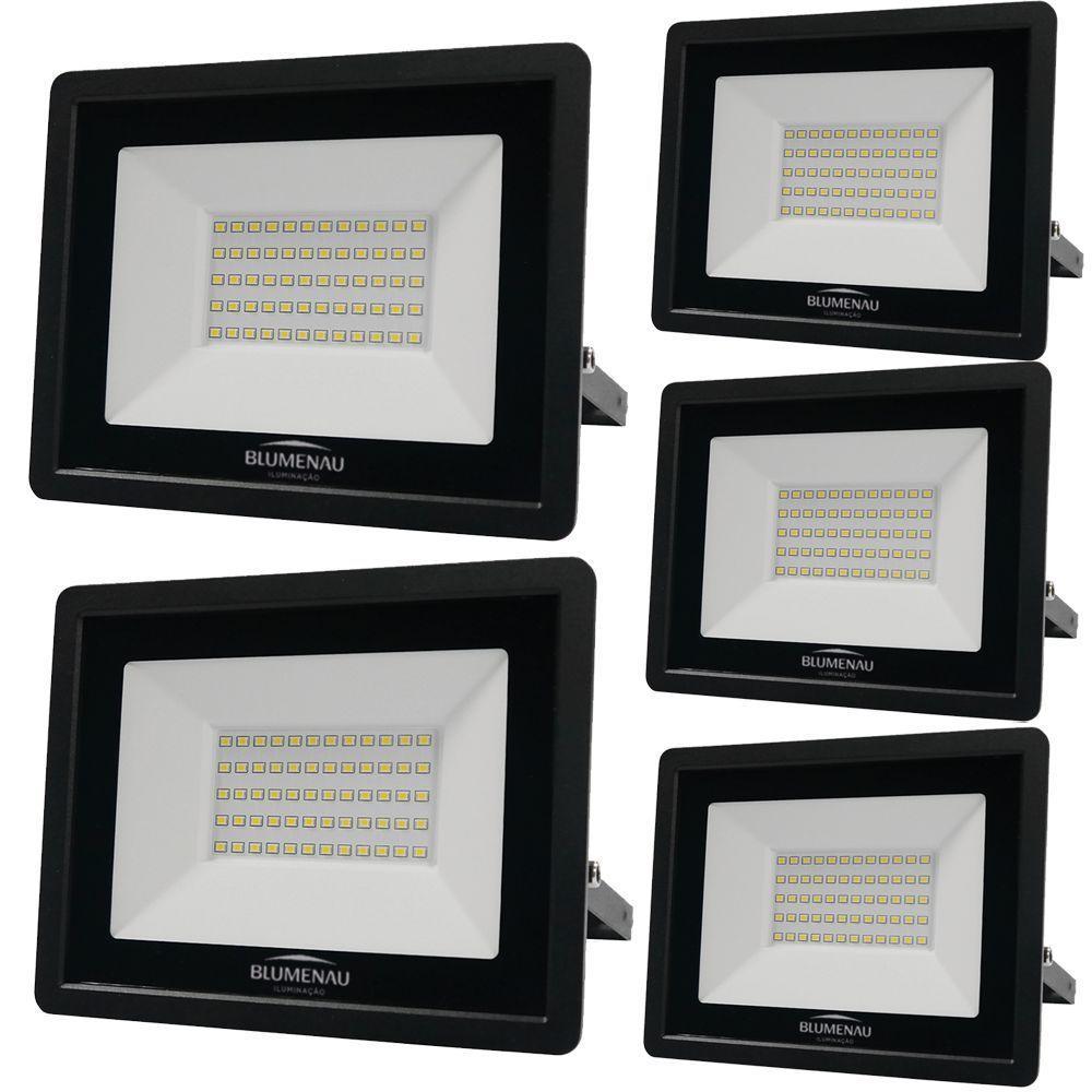 Kit 5 Refletor De Led Slim 50w Prova Dágua Preto Bivolt 6500k Frio - 1