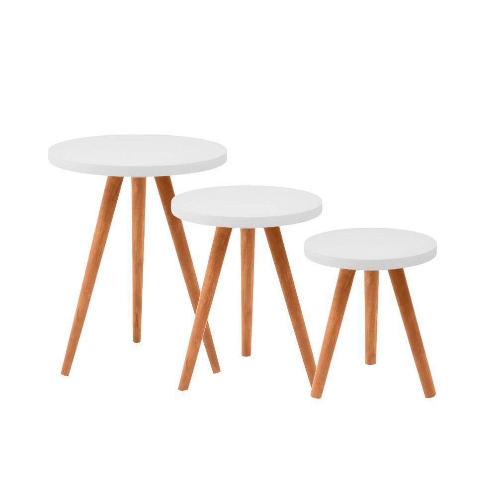 Conjunto Kit Com 3 Mesinhas Lateral De Canto Redonda Branco - Octavio Moveis - 1