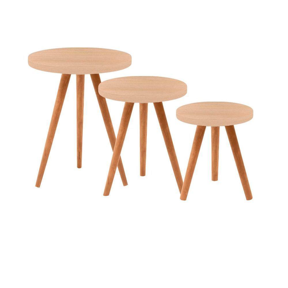 Conjunto Kit Com 3 Mesinhas Lateral De Canto Redonda Sala Amadeirado Claro - Octavio Moveis - 1