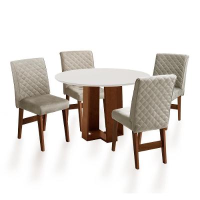 Conjunto de Jantar Athenas 4 Lugares Tampo MDP com Cadeiras Estofadas Off White 103 cm