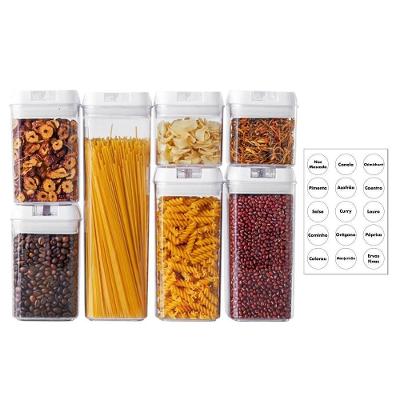 Kit 7 Potes Hermetico Completo 35 Adesivos Conjunto Profissional Cozinha Acrilico Alimentos