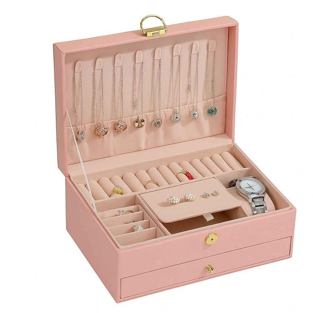 Maleta Porta Joias Organizador Com Gaveta 2 Andares Brincos Aneis Pulseiras Relogio Viagem Rosa - 3