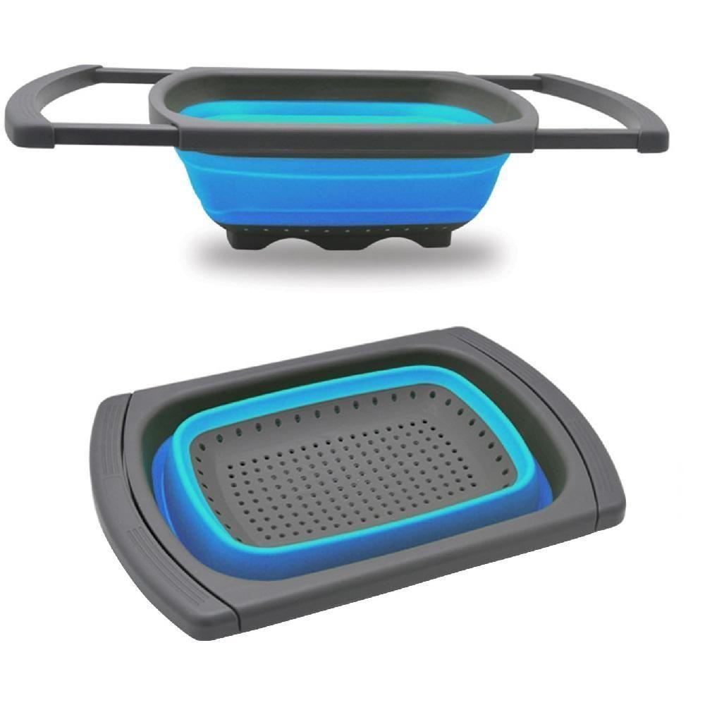Escorredor Pia Silicone Retratil Alca Ajustavel Massas Macarrao Legumes Frutas Grande Azul - 7