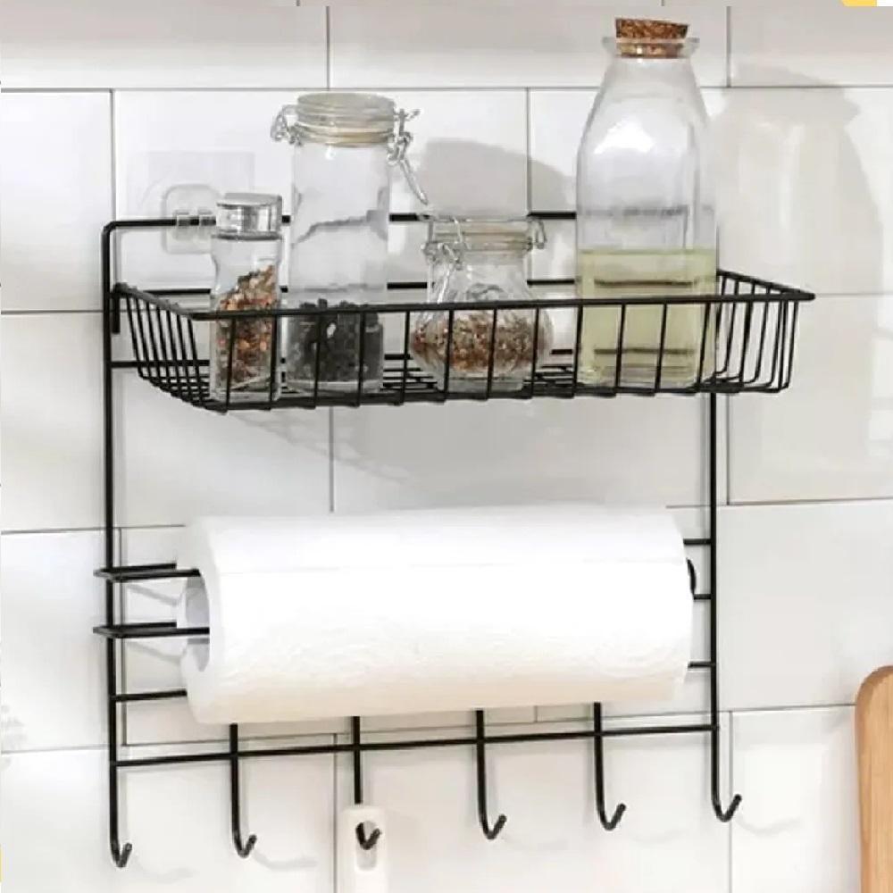 Suporte Organizador Parede Cozinha Metal Prateleira Porta Papel Toalha Duplo Ganchos Multiuso - 6