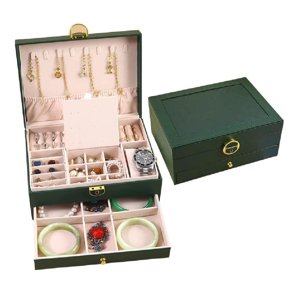 Maleta Caixa Porta Joias Estojo Organizador 2 Niveis Gaveta Aneis Brincos Pulseiras Relogio Verde - 1