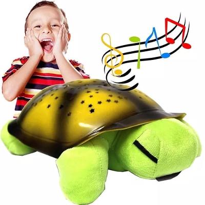 Abajur Tartaruga Pelucia Infantil Projetor Estrelas Luz Led Musical Luminaria Nina Bebe Verde