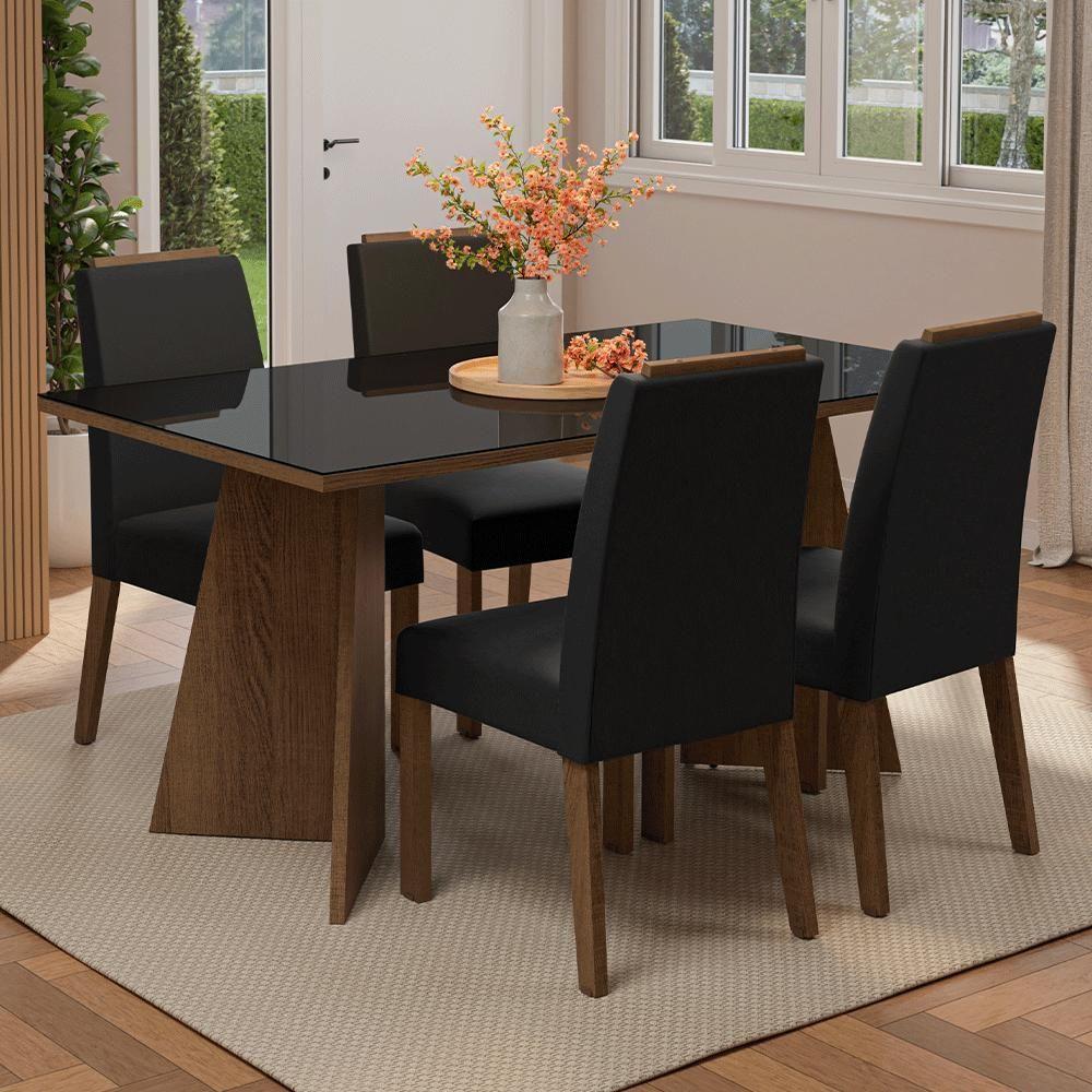 Conjunto Sala De Jantar Tampo De Vidro 4 Cadeiras Rustic/preto/oxford Braga Madesa - 1