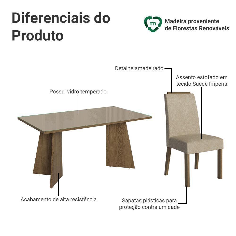 Conjunto Sala De Jantar Tampo De Vidro 6 Cadeiras Rustic/crema/imperial Madrid Madesa - 4